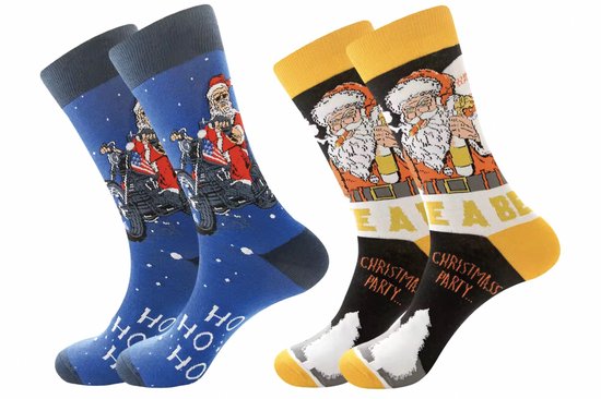 SilverAndCoco - 2 Paar Rebelse Kerstsokken / Gekke Foute Vrolijke Happy Kerst Sokken Kerstman / Leuke Grappige Set Dikke Warme Huissokken Kerstmis Dames Heren Kerstcadeau pakket / Wintersokken Kleding Socks Mannen Sinterklaas Schoen - Bier en Motor
