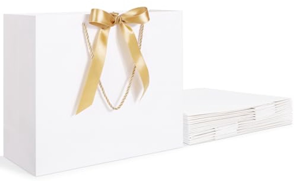Cadeautas Papieren Tassen - 10 Stuks Witte Gift Bags met Handvat - 230GSM Grote Cadeauzakjes voor Bruiloft & Verjaardag