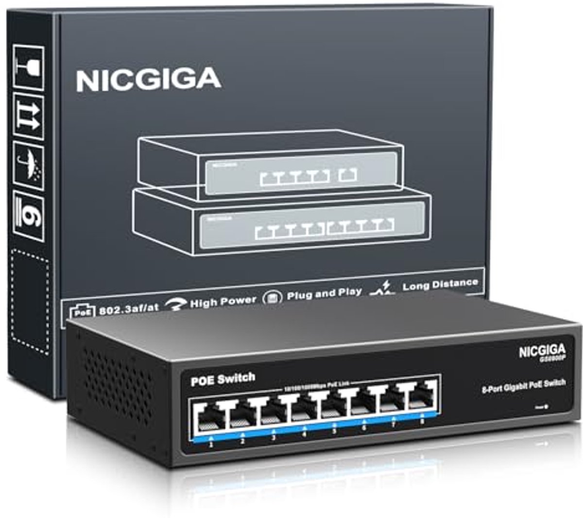8-poorts Gigabit PoE-switch met 120W PoE+ ondersteuning