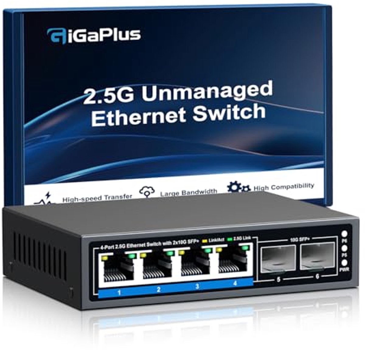 6-poorts 2.5Gb onbeheerde Ethernet-switch met 4*2.5G Base-T en 2*10G SFP+ poorten