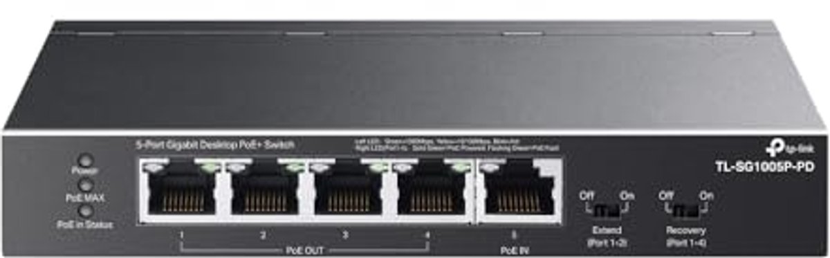 5 Poorts PoE Passthrough Gigabit Ethernet Switch met 1 PoE++ In en 4 PoE+ Uitgangen | Plug & Play | Uitbreidingsmodus | QoS
