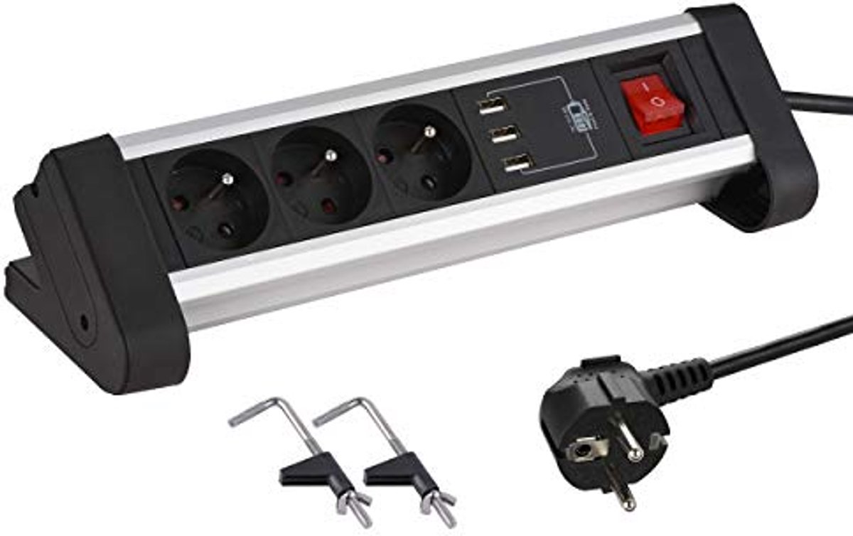 Inbouwstekkerdoos voor Bureau met 3 Stopcontacten en 3 USB Poorten - 1,5 m Lengte