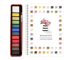 Omslag van Beginners aquarelset - 12 verven + penselen - Aquarelkunstwerkboek - Speciaal aquarelkleurboek - Boeket