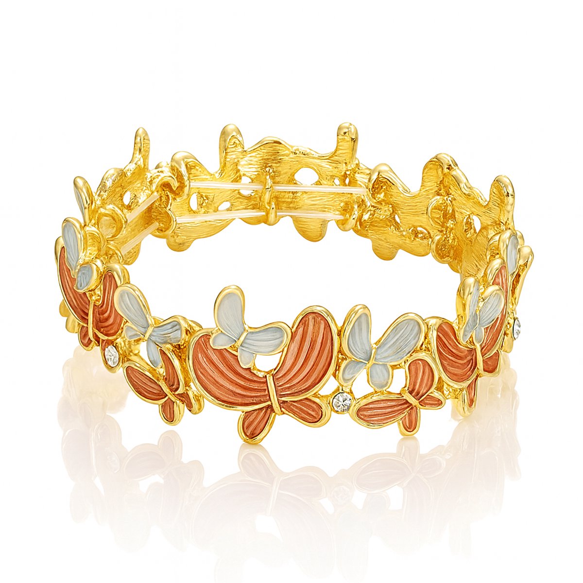 Vlinders Armband - Gouden Elastische Armband met Diamanten en Kleurrijke Vlinders