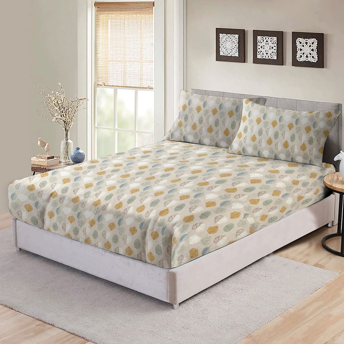 Bed Glow & Apparel Flanel Hoeslaken en 2 Kussensloops Set – 100% Flanel – 140x200 cm + 60x70 cm – Zacht, Duurzaam & Huidvriendelijk –Ideaal voor Elke Slaapkamerstijl - Bladeren patroon