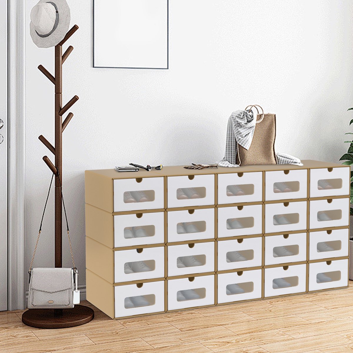 Aufun 20er Stapelbar Schuhboxen aus Kraftpapier mit Deckel & Transparent Sichtfenster, Praktische Schuhaufbewahrung Aufbewahrungsbox 35x24x14cm, Stauraum Organizer für Schuhe, Braun
