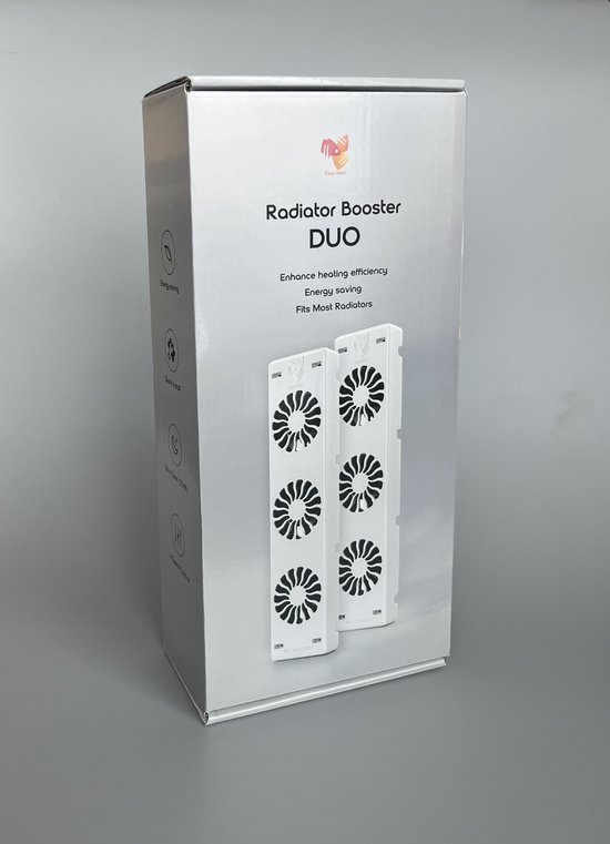 Verpakking van de Cozyvent Radiator Booster DUO met afbeeldingen van de witte ventilatoren.