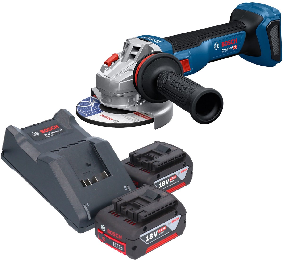 Bosch GWS 18V-11 Professional accu haakse slijper 18 V 125 mm + 2x accu 4,0 Ah + oplader