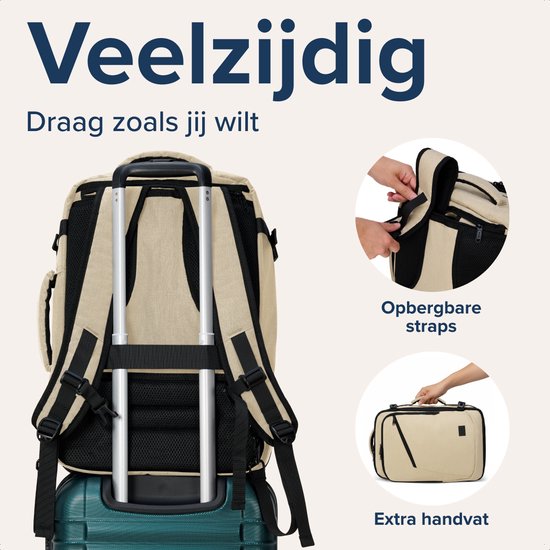 Beige rugzak op een koffer met opbergbare straps en extra handvat, 'Veelzijdig' tekst.