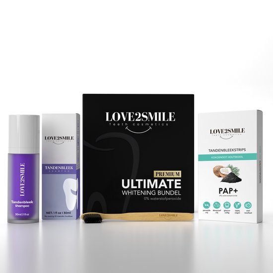 Producten van Love2Smile: Tandenbleek shampoo, tandenborstel, whitening bundle en tandbleekstrips kokosnoot houtskool.