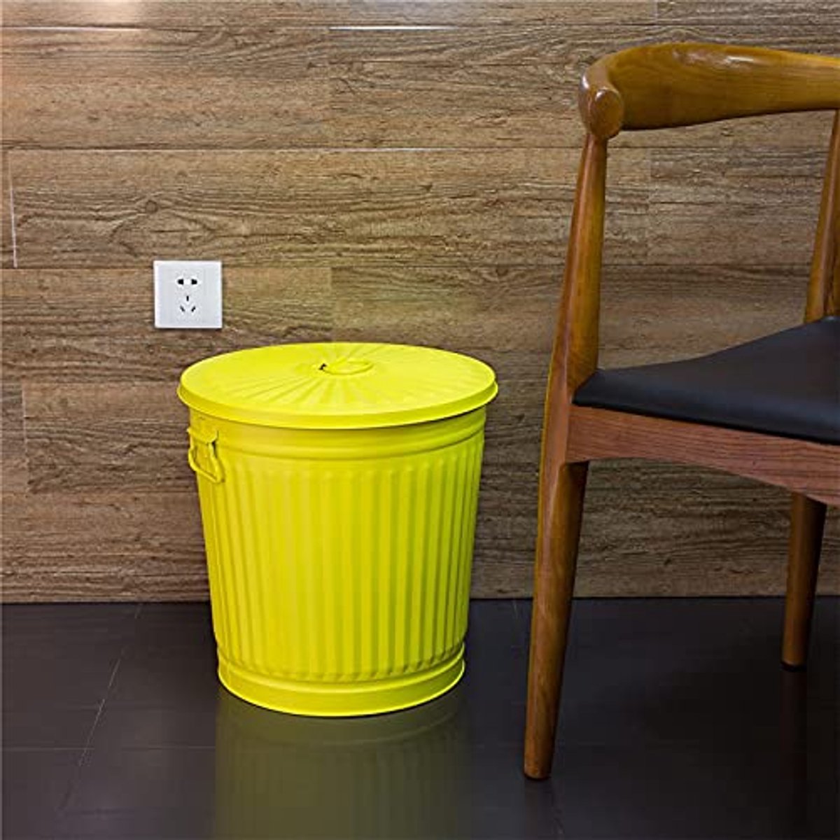Gegalvaniseerde Metalen Vuilnisbak met Handvaten en Deksel - Geel - Ø 29 cm - 18 Liter