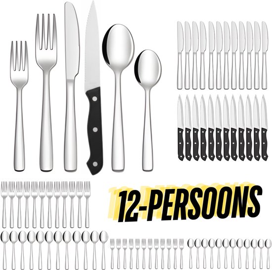 Keukenvriend Bestekset 12 Persoons (72-delig) Zilver | Lepels, Messen, Vorken, Steakmessen & Gebaksvorkjes | Incl. Premium Polish Doek & Luxe Cadeauverpakking | Hoogwaardig Edelstaal - Vaatwasserbestendig - 24 maanden garantie
