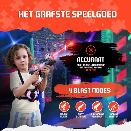 Kind met een rood en zwart laserpistool, klaar om te vuren. Nauwkeurig tot 40 meter.