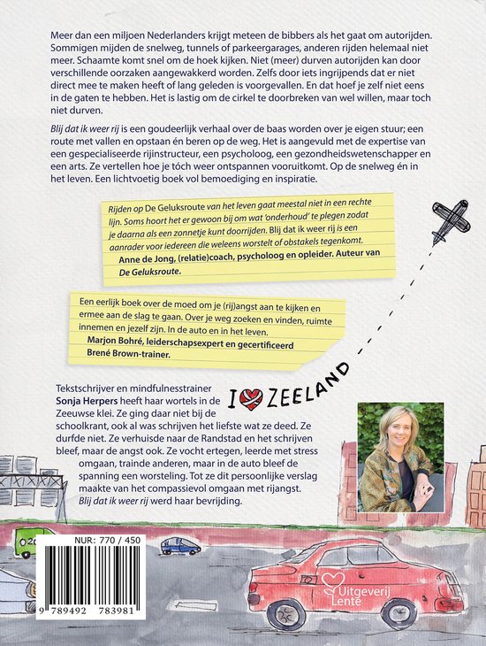 Boek "Blij dat ik weer rij" met een afbeelding van een vrouw, een rode auto, een vliegtuig en tekst.