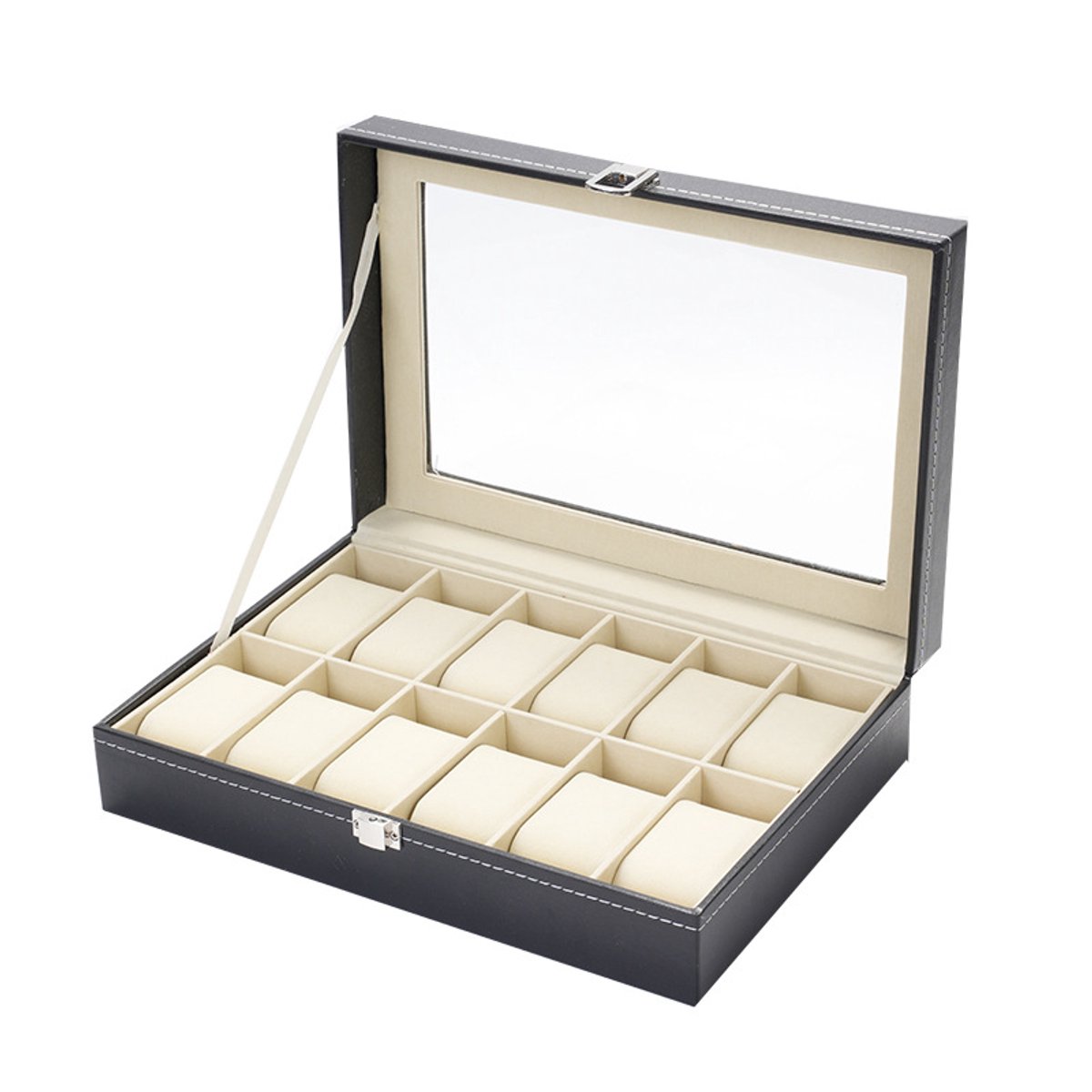 Horloge opbergdoos van leer- horloge display box- horloge box - 12 pads- zwart met witte basis en pads