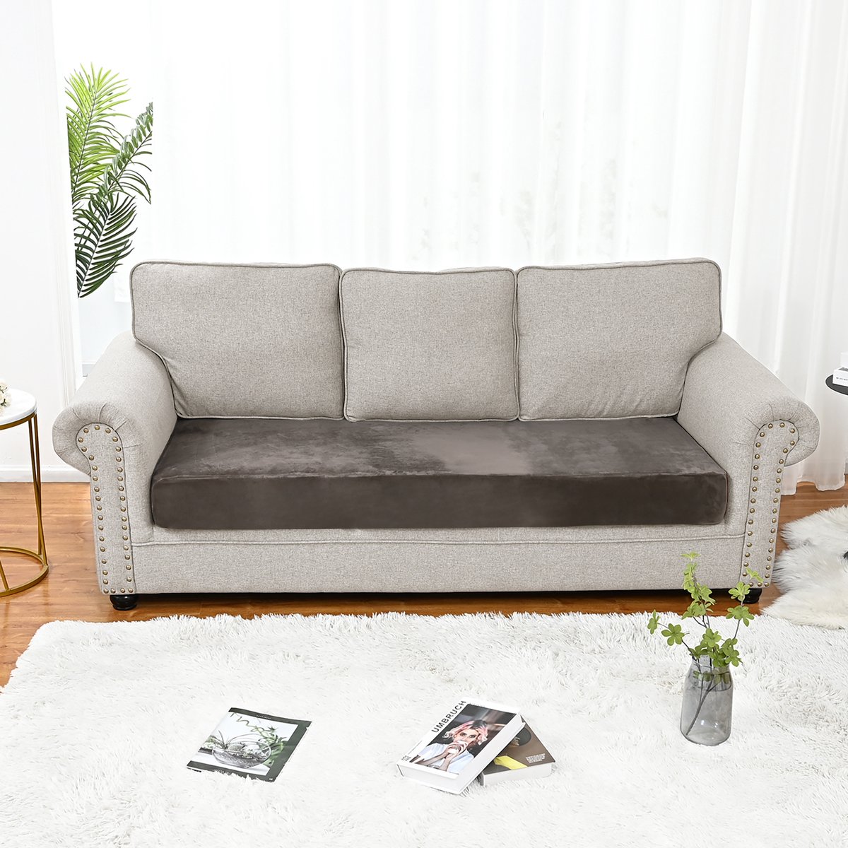 Qelus Khaki Fluweelen Zitkussenhoes Stretch 170-188x60-90cm voor 3 zitsbank - Rekbare Bankbeschermer tegen Vlekken & Mijt - Snel om te leggen