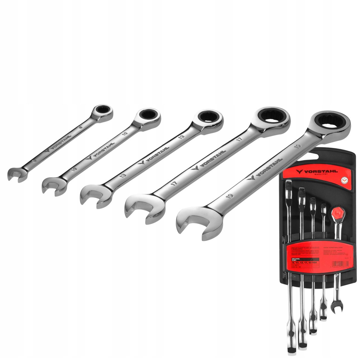 Vorstahl Ring- en steeksleutelset met ratel, 5-delig (8-19mm)