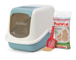 Peewee kattenbak systeem Ecohus startpakket - in een nieuwe trendy pastelkleur marlin blauw / crème - incl. Peewee korrels + schepje - 56 x 39 x 38,5 cm