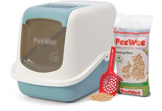 Peewee kattenbak systeem Ecohus startpakket - in een nieuwe trendy pastelkleur marlin blauw / crème - incl. Peewee korrels + schepje - 56 x 39 x 38,5 cm