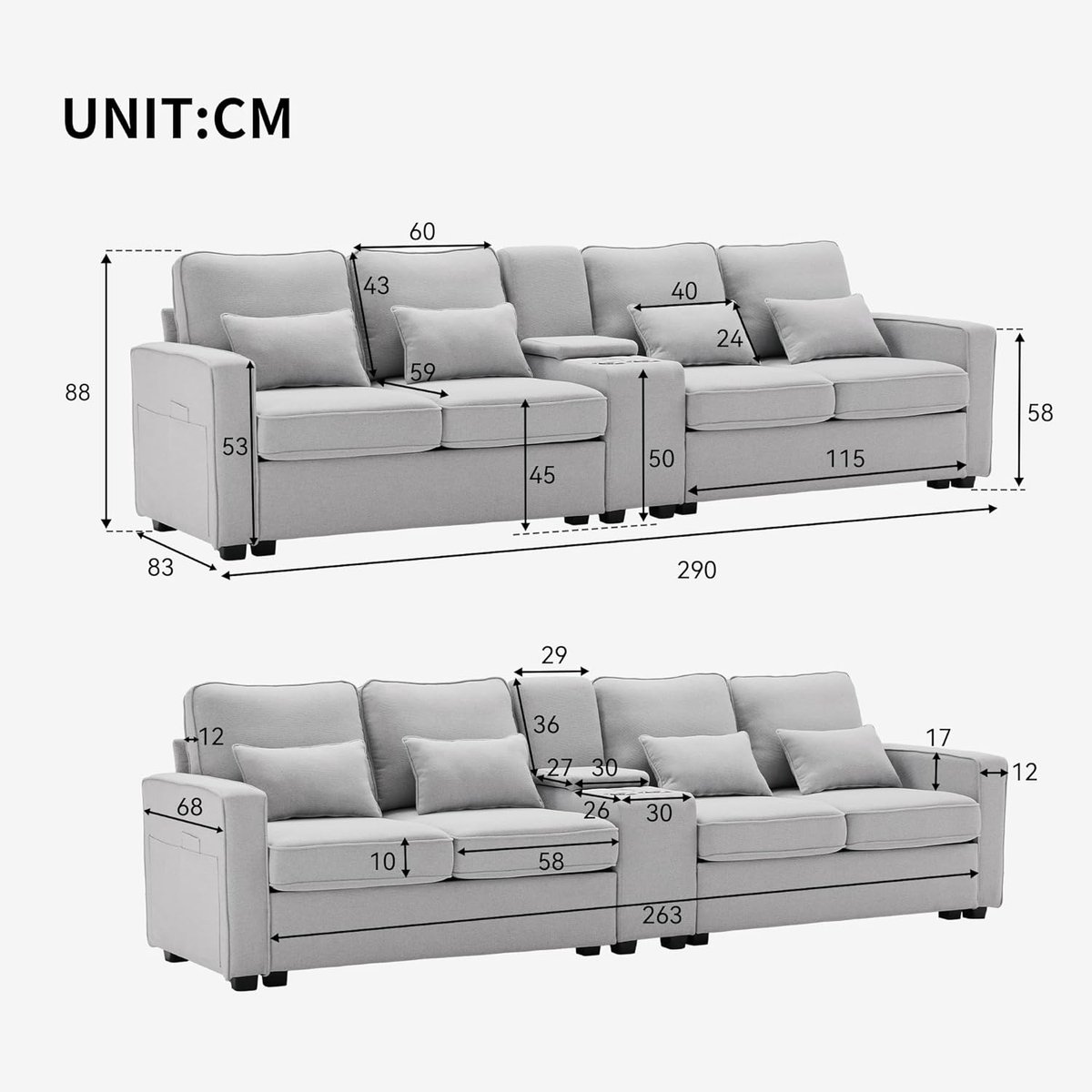 Hoekbank 4-Zits met USB Poorten, Opbergruimte & Drankhouders – Luxe Linnenstof Design Sofa met Kussens – Comfortabele Moderne Bank voor Woonkamer – Grijs – Duurzaam Massief Hout & IJzeren Frame – Medahomestore