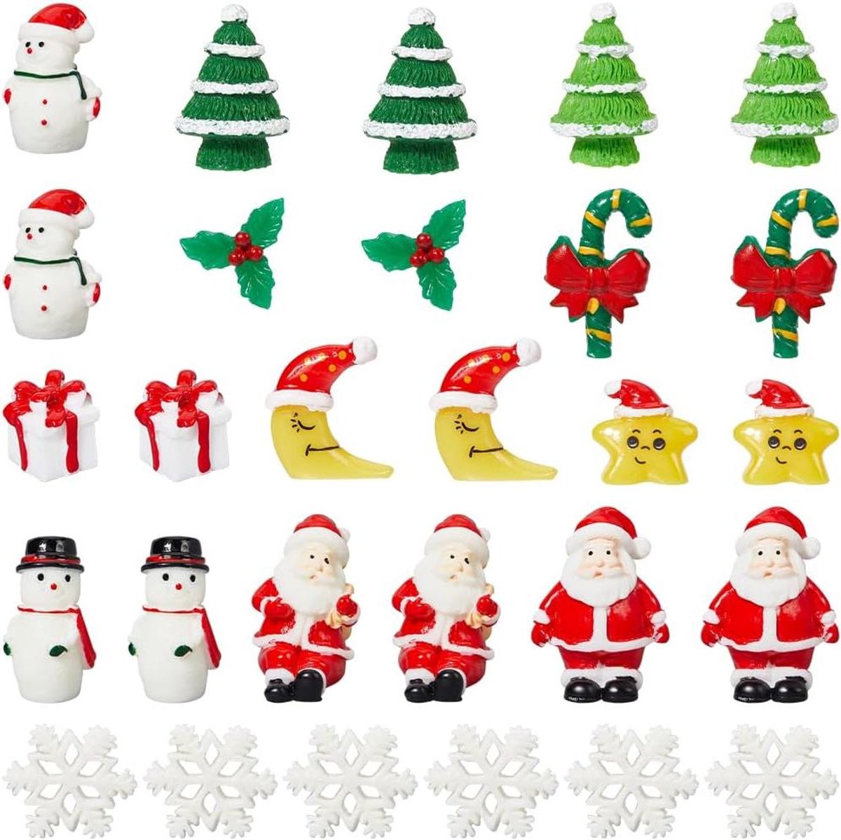 Set van 50 miniatuur kerstbeeldjes met sneeuwpop, kerstman en kerstboom.