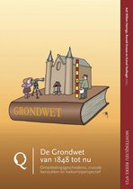 Een boek met de titel "GRONDWET" waarop twee cartoonfiguren staan. Een vrouw kijkt door een telescoop en een man meet met een lat.