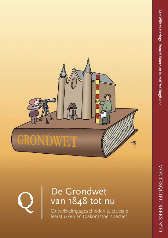 Een boek met de titel "GRONDWET" waarop twee cartoonfiguren staan. Een vrouw kijkt door een telescoop en een man meet met een lat.