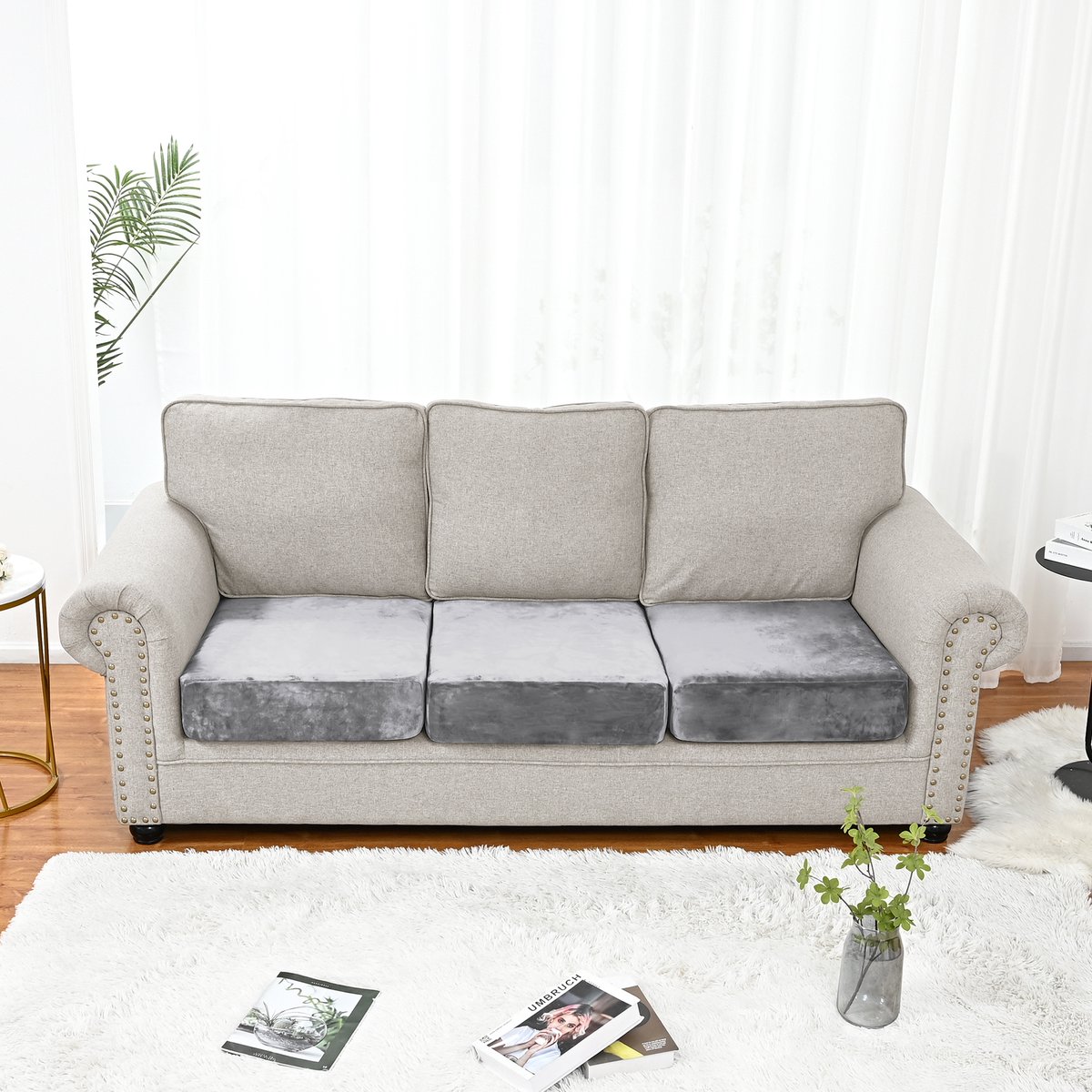Qelus Grijs Fluweelen Zitkussenhoes Stretch 170-188x60-90cm voor 3 zitsbank - Rekbare Bankbeschermer tegen Vlekken & Mijt - Snel om te leggen