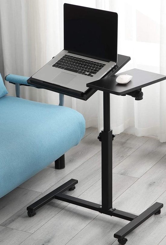 Laptoptafel - Bijzettafel - Laptoptafel Op Wielen - Verstelbare Bedtafel - IN-HOMEXL Bern Bedtafeltje Met Wielen 90x57x35cm - Zwart