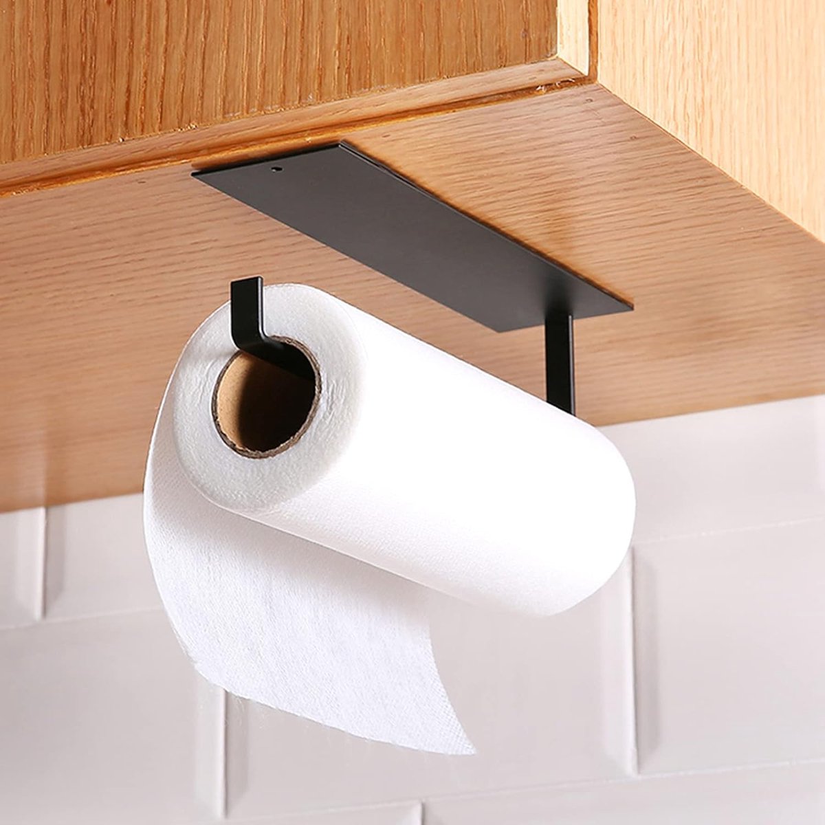 Famanu - Keukenrolhouder, keukenpapierrek aan de muur gemonteerd, toiletrolhouder, servettenopbergrek houder onder kast, papierhanddoekrolhouder zelfklevend, boren niet nodig (zwart)