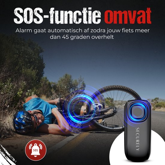 Vieler ligt op de weg naast fiets met actief alarm, met tekst "SOS-functie".