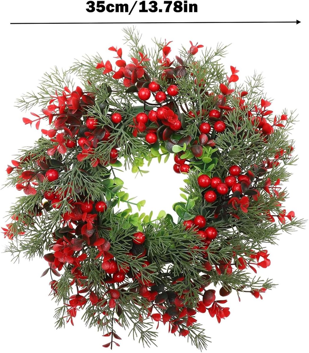 Decoratieve kerstkrans - Kunstmatige dennenkrans voor de deur - Adventstakken en bessen - 35 cm