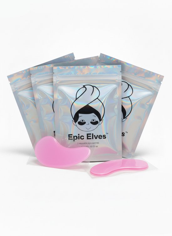 Vier holografische verpakkingen met 'Epic Elves' logo, met twee roze herbruikbare oogpatches op de voorkant.