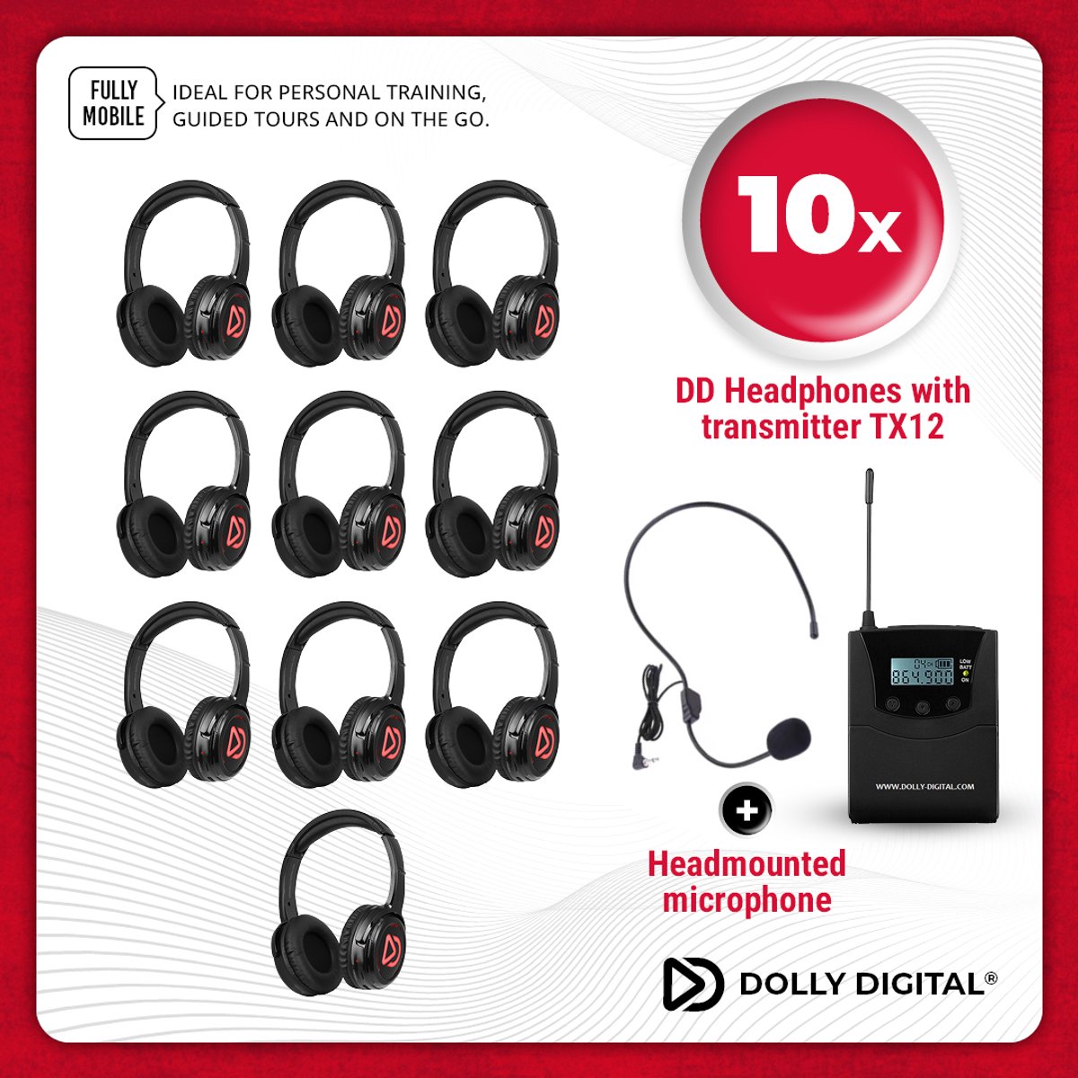 Personal Trainer & TourGuide kit Dolly Digital©, 10 oplaadbare silent disco headsets en draagbare zender