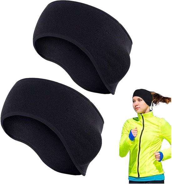 2-pack unisex sporthoofdbanden, wintersporthoofdbanden, met oorkappen, elastisch ontwerp, geschikt voor joggen, hardlopen, wandelen, fietsen en motorrijden,Zwart