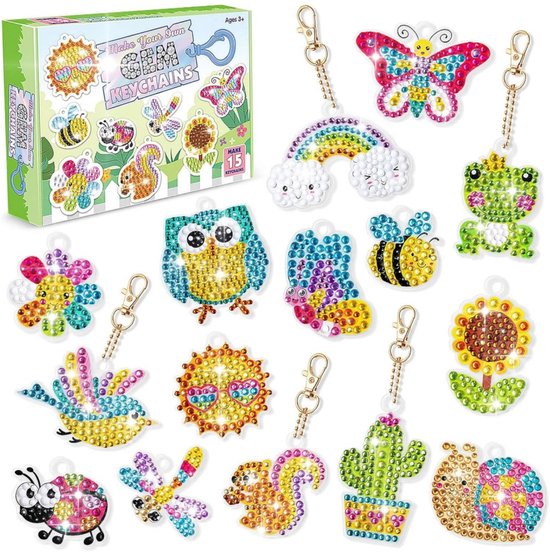 Diamond Painting-sets voor Kinderen - 15 stuks DIY-diamant Kunst-sleutelhangers - Diamond Painting Sleutelhanger - Ideaal Cadeau - Geschikt voor Kinderen Vanaf 3 Jaar