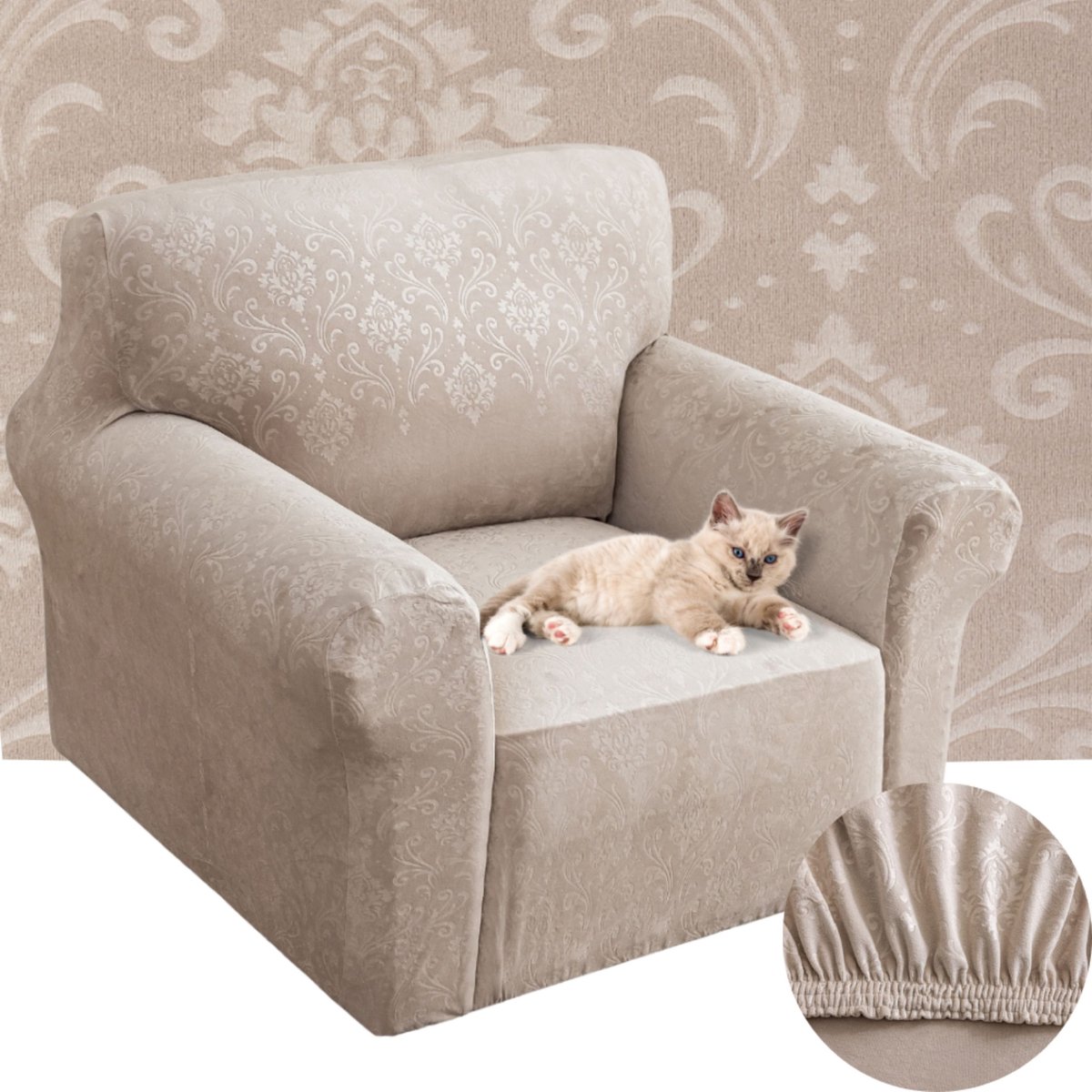 Elastische Stoelhoes 1-persoons 90-140cm Beige Fluwelen Ornament