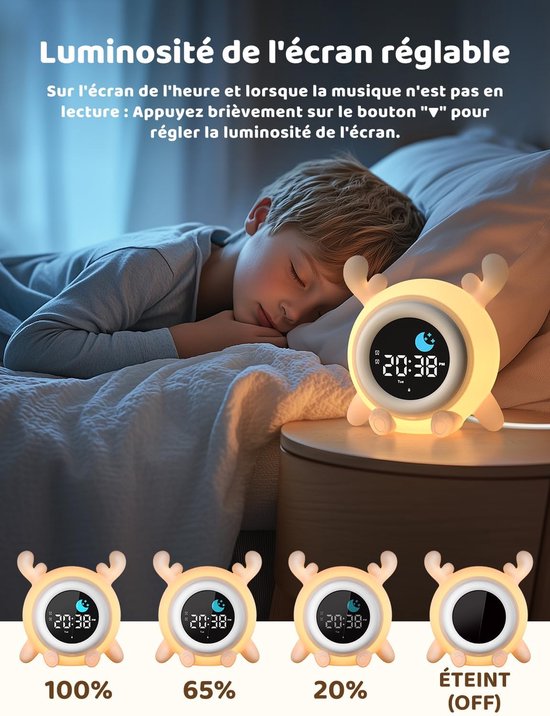 Educatieve wekker voor kinderen met 2 alarmen voor dag en nacht, 12/24-uurs snooze-functie, instelbare schermhelderheid, 7-kleurige verlichting, 10 liedjes, automatische uitschakeling en rendiervorm — afbeelding 5