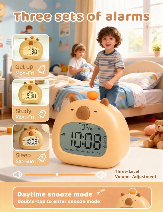 Kinderwekker met nachtlampje, oplaadbaar, luide wekker, schattige kawaii digitale wekker voor de slaapkamer, snoozefunctie, 3 alarmen — afbeelding 5