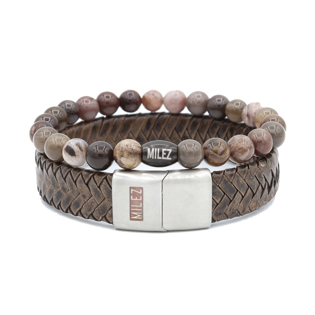 Milez - Armband set mannen - armband heren leer kralen - Bruin - Maat L