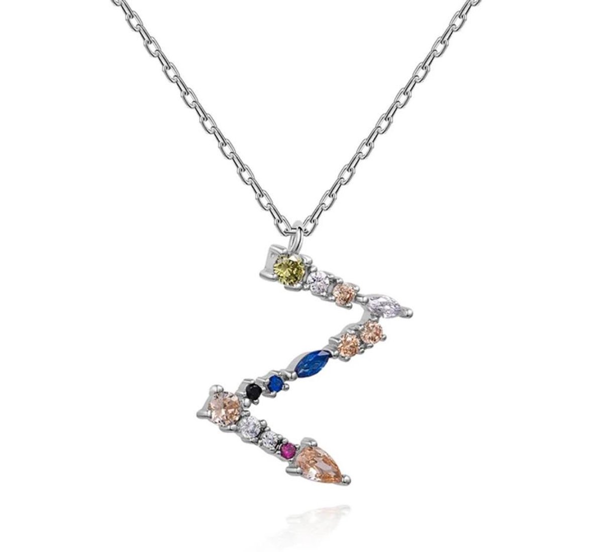 Zilveren Letter Z Collier – 925 Sterling Zilver met Multikleur Zirconia – Dames Ketting met Initialen