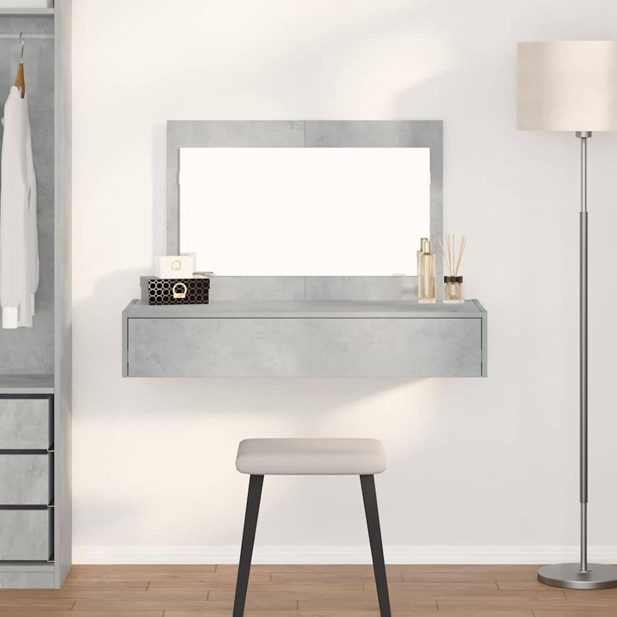 Elegante grijze kaptafel met lades en spiegel – 100x40x70 cm Moderne kaptafel voor make-up, haarstyling en slaapkamerorganisatie – Strak design, ruime opbergruimte en eenvoudige montage HomeByNicole