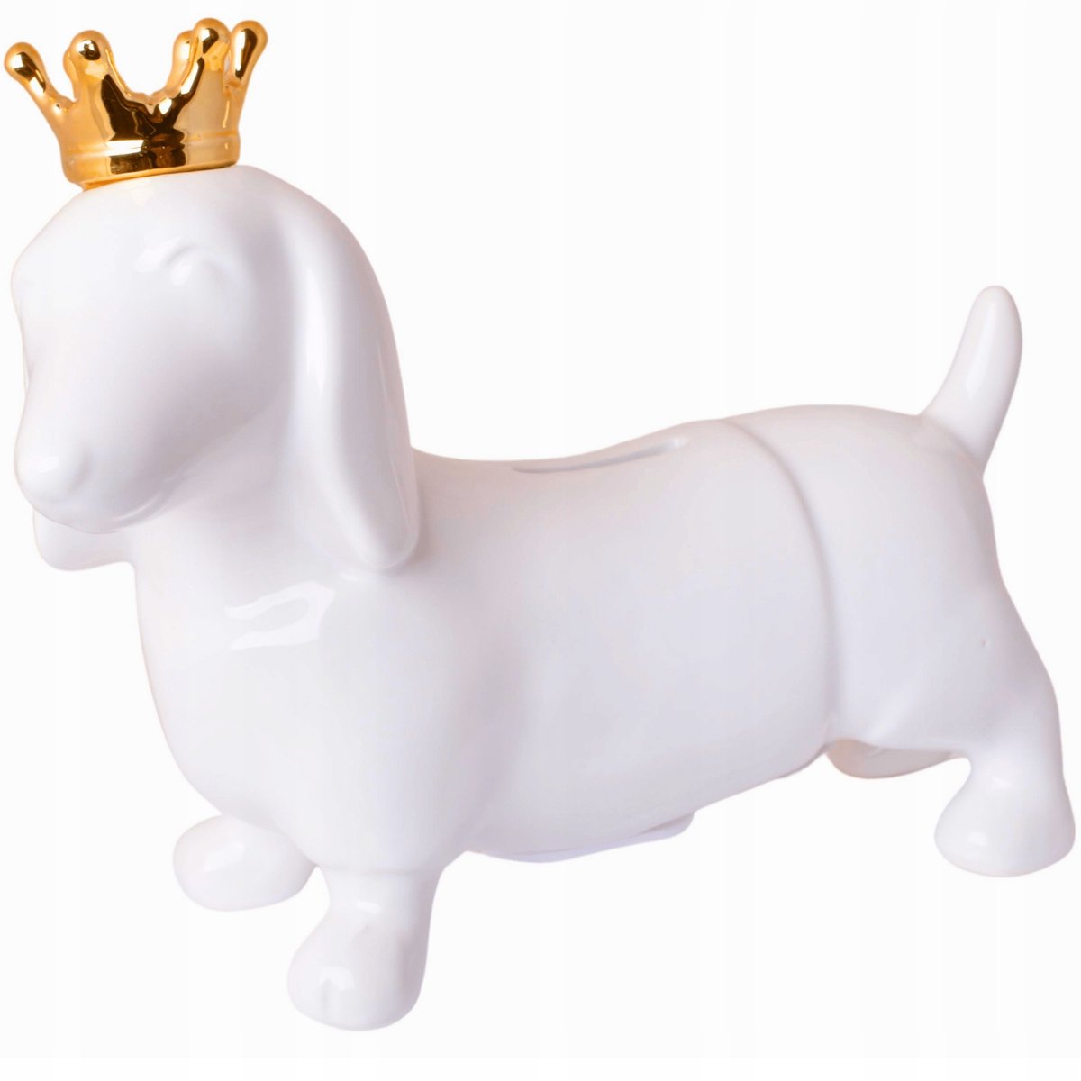 Keramische Spaarpot Dachshund Wit met Gouden Kroon 23x9x17.5 cm