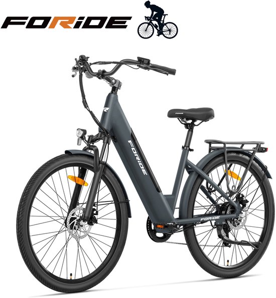 Foride Roamer 1 elektrische fiets met lage instap, 250 W motor, 36 V 13 Ah accu, 27,5 inch banden, maximale snelheid 25 km/u, maximaal bereik 100 km, schijfremmen, vering met lockout, Shimano 7 versnellingen - Grijs