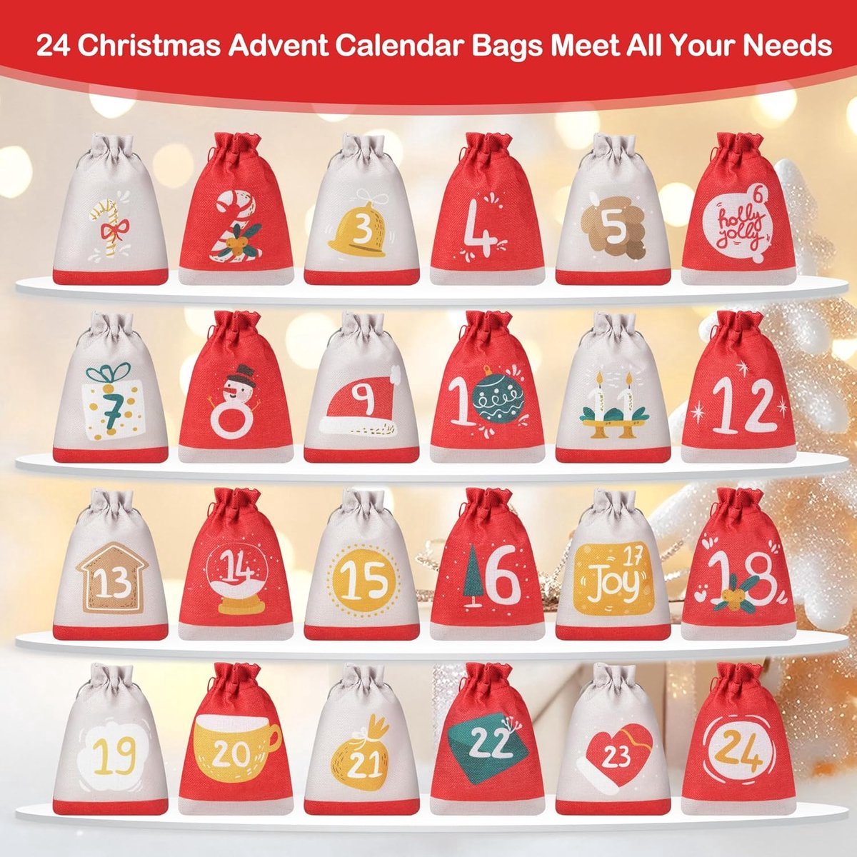 Adventskalender - 24 stoffen vakken - 24 clips met henneptouw - 10 x 15 cm - DIY kerstkalender - Hangende vakken - 10 m ophangkoord - Geschikt voor kinderen, vrouwen en mannen - Kerstversiering - Kan snoep/chocolade/kleine cadeautjes bevatten – foto 3