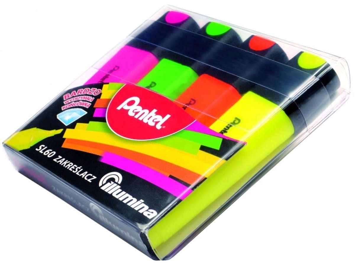 Pentel Markeerstiften SL60, 4 Kleuren, Platte Punt