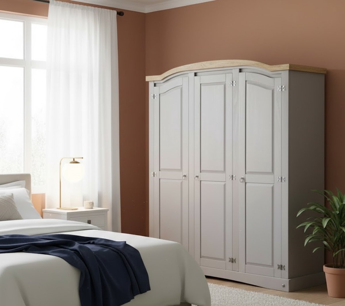 Moderne 3-Deurs Kast met 3 Laden, 4 Planken en 2 Kledingroedes – Rieten Print Sonoma Eiken – Massief Houten Pootjes – Stijlvolle Opbergkast voor Slaapkamer en Woonkamer