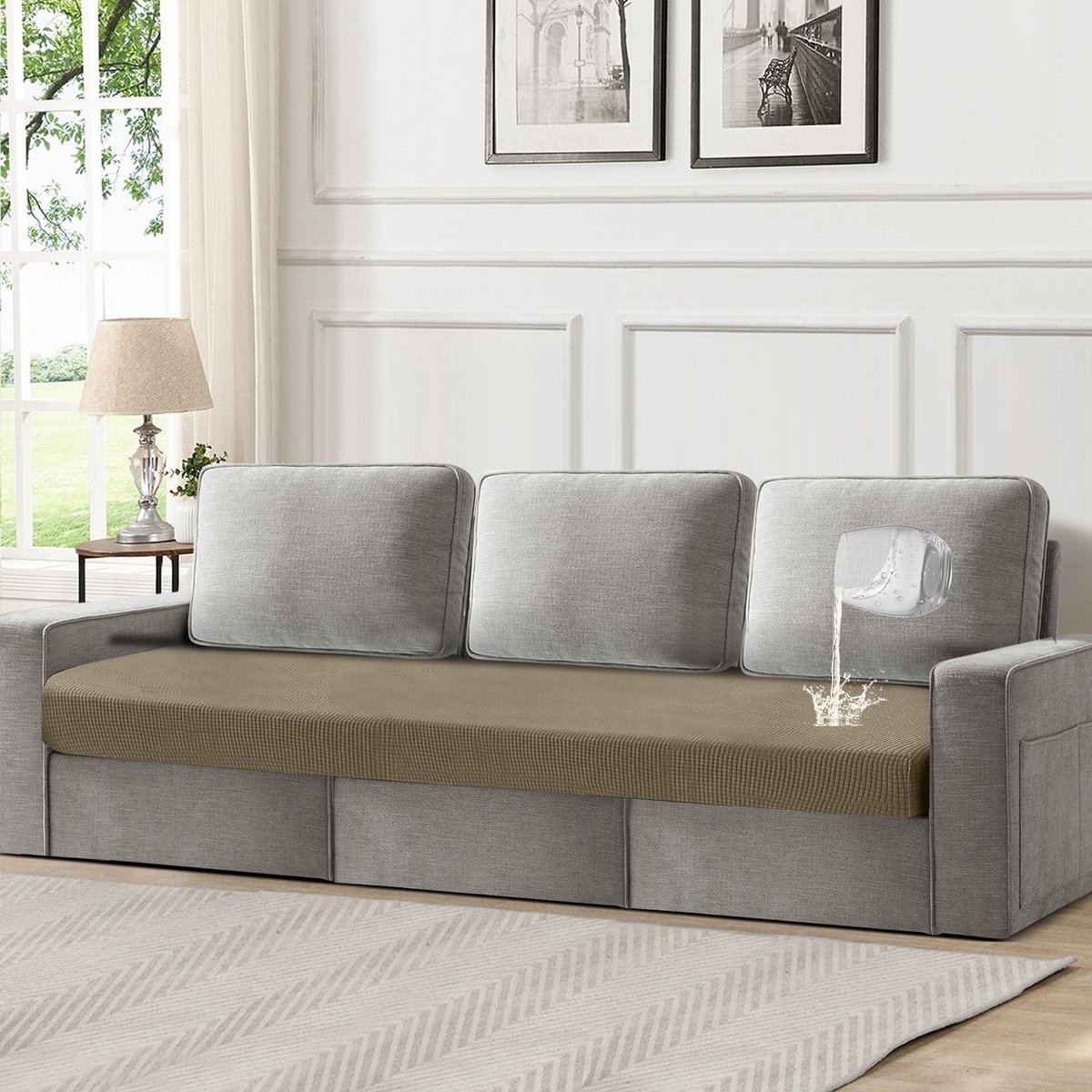 Qelus Bankhoezen, 100% Waterdichte Jacquard Patio Stretch-Zitkussenhoezen Voor 3-Zitsbanken, Rekbare Bankbeschermers, L-Vormige Chaise Longue En Alle Soorten Banken Met Elastische Onderkant (Bruin)