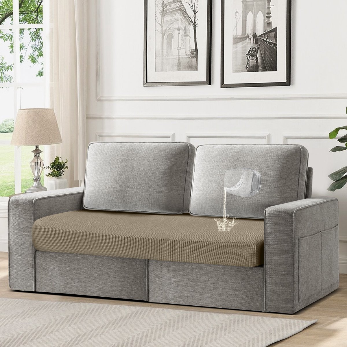 Qelus Bankhoezen, 100% Waterdichte Jacquard Stretch-Zitkussenhoezen Voor 2-Zitsbanken, Rekbare Bankbeschermers, L-Vormige Chaise Longue En Alle Soorten Banken Met Elastische Onderkant (Bruin)
