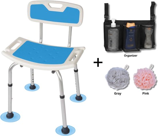 BY JRM® Douchestoel en Douchekruk met afneembare rugleuning – Blauw/Wit- 30 dagen uitproberen -Verstelbare hoogte - douchekrukje